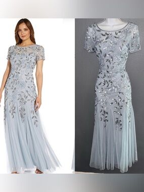 Adrianna Papell Formal Blue Beaded Short Sleeve Floral Sheer Gown Womens XS 0